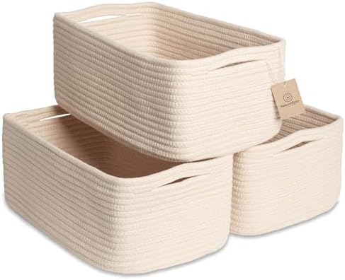 NaturalCozy 13.5”x8.5”x5.5” Storage Baskets for Shelves 3 Pack | Cotton Rope Woven Small Baskets for Organizing | Small Storage Bins for Nursery, Bathroom, Closet, Cube Shelf, Decorative, Gift by NaturalCozy
