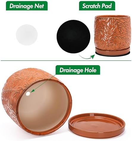 D'vine Dev Embossed Leaves Ceramic Planter, 10 in, Pumpkin, 27-A-P-J - Image 4