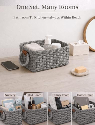 Small Wicker Baskets, 3 PCS Paper Rope Baskets for Shelves, Gray - Image 6