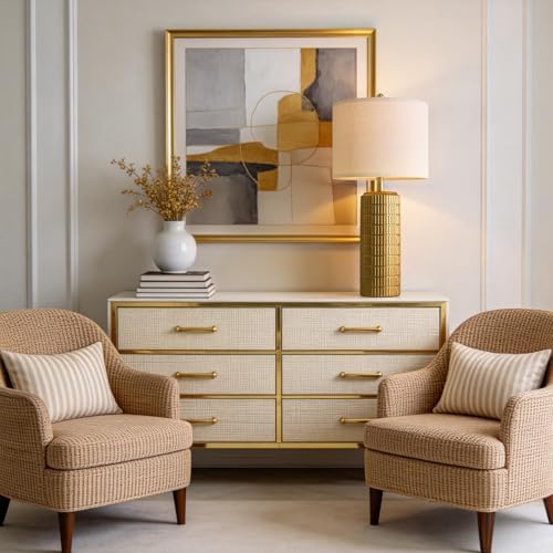 PoKat 27.5'' Tall Brass Gold Table Lamps Set of 2 for Living Room, Modern Table Lamps for Bedroom Night Stands, Retro Ceramic Bedside Lamps, Nightstand Lamps for Sideboard Side End Table, Gold - Image 3