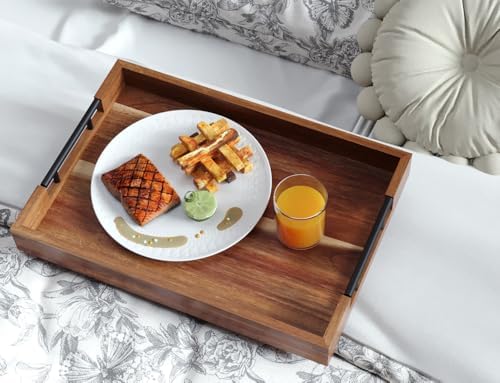 Fibogollo Acacia Wood Serving Tray with Metal Handles,17x12in Ottoman Decorative Trays Platter for Coffee Table,Living Room,Bar,Party(Large) - Image 2
