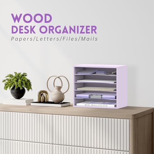 5 Tier Wood Desk Organizer, Paper Organizer for Desk, Purple - Image 2