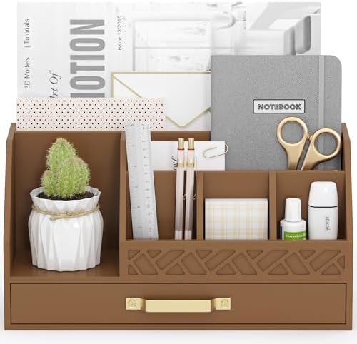 Bamboo Desk Organizer with Drawers, Mail Organizer Countertop Wood Desk Drawer Tabletop Storage Organization Pen Holder Letter Sorter Makeup Organizer for School Home Office (Brown) by Unknown