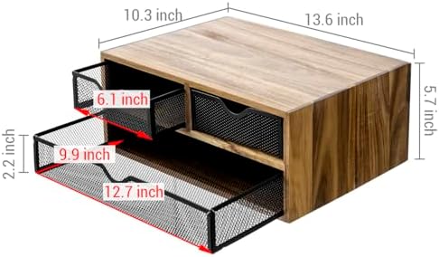 MyGift Premium Acacia Solid Wood Desktop Organizer Box with 3 Removable Black Metal Mesh Trays, Rustic Office Desk Supplies Storage Drawers for Accessories - Image 3