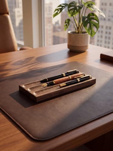 Horizontal Pen Holder For Desk,Pen Tray,Wood Desk Pen Holder,Desk Top Pen Display,Teacher Gifts,Suitable For School,Home,Office Desktop Art Accessories (Walnut-3 Grid) - Image 2