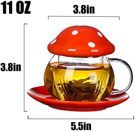 Mushroom Cup Cute Glass Tea Cup with Infuser and Lid Kawaii Mushroom Mug Set Coffee Teapot with Ceramic Coasters 11oz (Blue) - Image 7