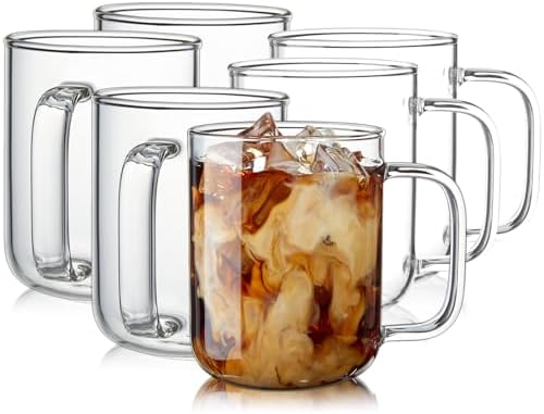 Glass Coffee Mugs, 12 oz iced coffee cups, Clear Tea Cups Set of 6, Glass Mugs with Handles, Glass Cups for Latte, Cappuccino, and Tea by BWODYAY