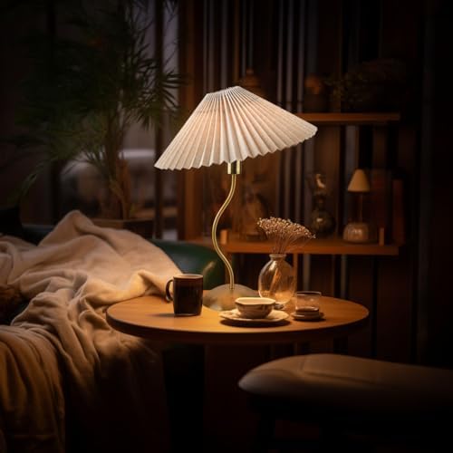 KUNJOULAM Small Pleated Table Lamp, Bedside Nightstand Lamp with Beige Lampshade, Morden Mini Lamp for Bedroom Home Office Decor, Bulb not Included - Image 3