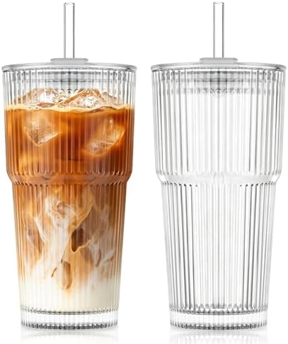 KEMORELA 20oz Ribbed Glass Tumblers with Lids and Straws,Iced Coffee Cups by KEMORELA