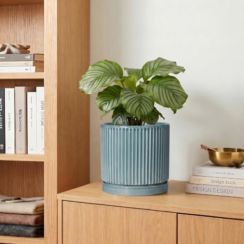 6 Inch Flower Pots, Ceramic Pots for Plants with Tray, Glaze Blue - Image 7