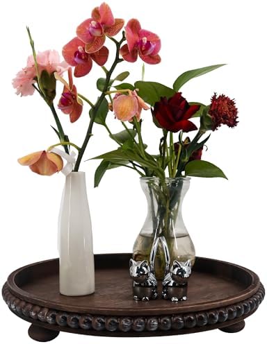 FramePro Decorative Tray 12in Round Wood Beaded - Brown Serving Tray Risers for Living Room, Coffee Table, Kitchen or Farmhouse Display by FramePro
