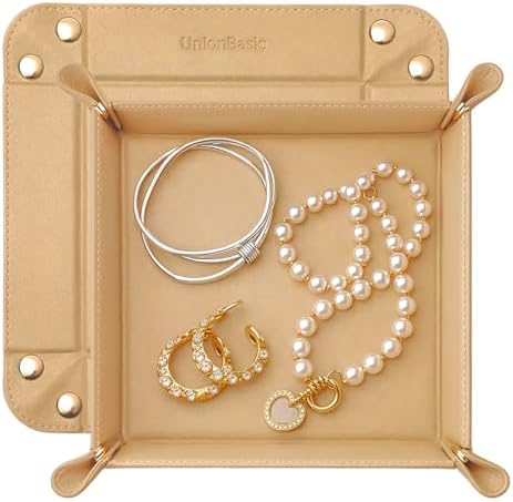 UnionBasic Small Jewelry Tray for Rings Watches Earrings, Entryway Catchall Caddy for Coins Keys Change, Nightstand Bedside Valet Holder, Trays for Electronic Gadgets,Milktea by UnionBasic