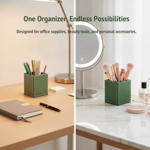 UnionBasic Square Pens Pencils Cup Holder Desk Stationery Organizer, Selected Faux Leather, Malachite Green - Image 2