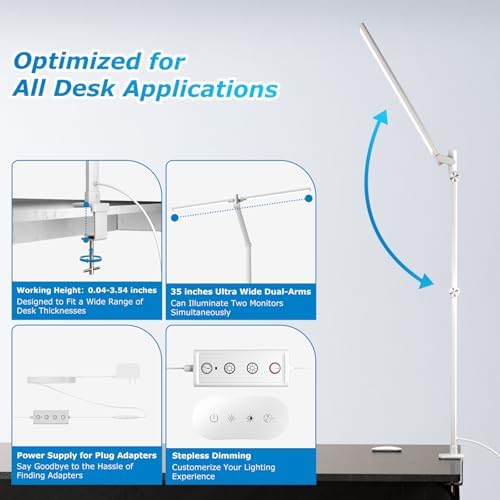 Airlonv LED Desk Lamp, Double Swing Arm Wide Lighting Area Desk Lamps for Home Office with Stepless Dimming, Eye-Caring Architect Desk Light with Clamp for Reading, Study, Workbench, Drafting(White) - Image 5