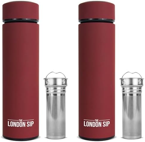 London Sip Multi-Purpose Travel Mug and Tumbler Fruit Infused Flask Hot and Cold Double Wall Stainless Steel Thermos with Extra-Long Infuser, Sacred Red, Pack of 2 by TheLondonSip