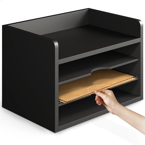 Ballucci File Organizer, 4-Tier Office Desk Organizer, Open Top Wood Paper Organizer for Classroom, Desktop Mail Sorter Paper Tray, Black - Image 5