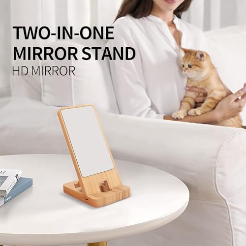 Wood Phone Stand with Mirror, Desktop Wooden Phone Holder, Portable Office Phone Stand for Desk, Wood ipad Stand， Compatible with iPhone & All Cell Phones(Bamboo wiht Mirror) - Image 3