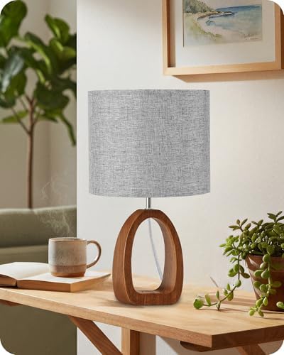 Gray Table Lamp, Small Wood Bedside Lamp with Gray Linen Lampshade & Dark Pearwood Base, Modern Nightstand Lamp for Bedroom, Kid's Room, Cute Desk Lamp with Cable, E26 Socket, LH07TL05 by GOEBLESON