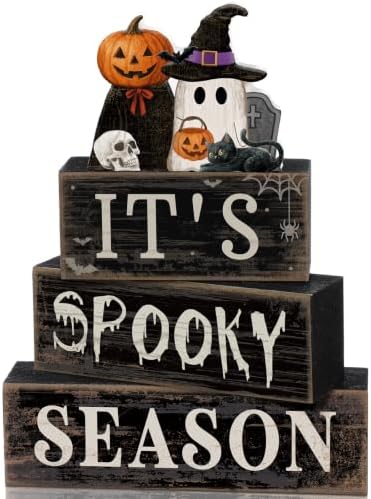 Moucuny 4 Pcs Halloween Table Decor Pumpkin Ghost Wood Stacked Block Decor by Moucuny