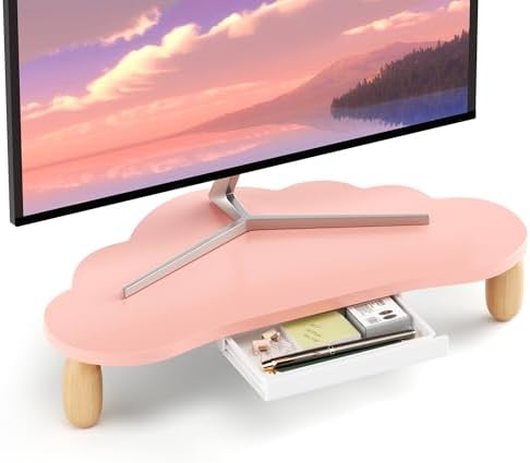 AFOOYO Monitor Stand Riser,Cloud-Shaped Sturdy Wood 16.5In Computer Monitor Riser Wirh Drawer, Multi-Purpose Desktop Organizer Riser for Computer,Laptop,Printer,TV,Pink by AFOOYO