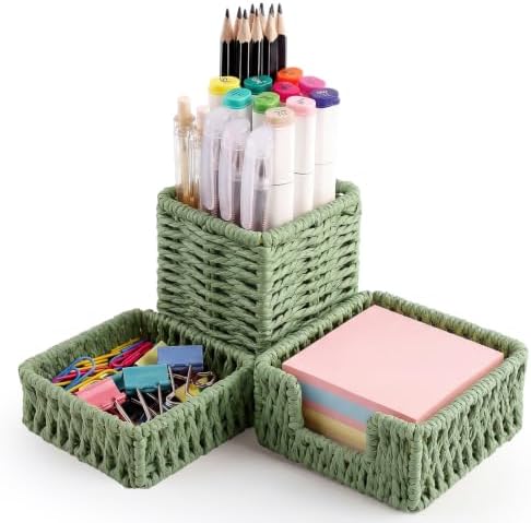 Green Paper Rope Woven Desk Organizer Set of 3 by Singhoow