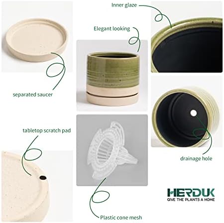 HERDUK 6 Inch Plant Pots, Ceramic Planter Pot with Drainage Hole & Saucer, Indoor/Outdoor Cylinder Round Planter Pot, Green & Beige - Image 4