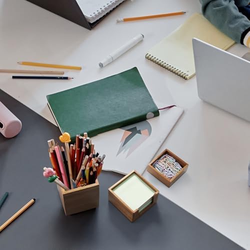 Desk Organizer Set of 3 - Acacia Wood Office Desk Accessories - Desk Organizers and Accessories for Women Men - Set incl. Pencil Pen Holder, Paperclip Storage and Sticky Note Holder - Image 5