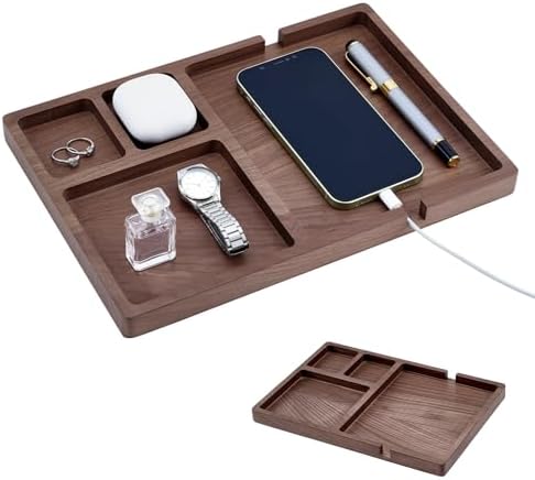 Wood Valet Tray for Men Women, Walnut Nightstand Organizer with Charging Station, Desk Drawer Organizer Tray Office Supplies, Desk Trays for Phone Watch Wallet Key Jewelry Catchall Trays by GLASSWINDS