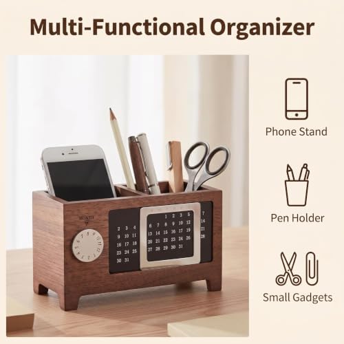 Wooden Desk Organizer with Perpetual Calendar, Multi-Compartment Pen Holder, Office Desk Storage Box for Pens, Phone, Stationery & Small Accessories - Image 2