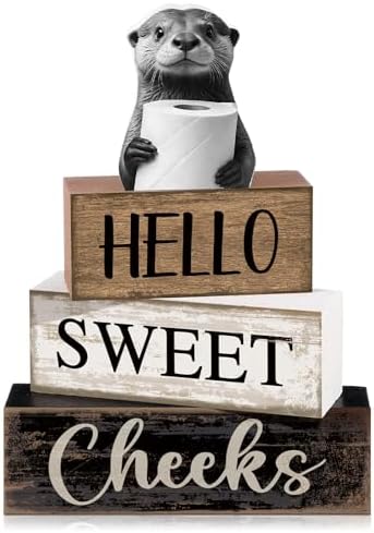 Moucuny 4 Pcs Otter Bathroom Decor Wooden Block Signs Hello Sweet Cheeks by Moucuny