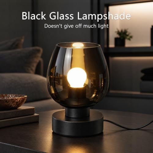ONEWISH Touch Bedside Table Lamp, 3-Way Dimmable, Globe Glass Shade, 7.5 Inch Ultra Compact Nightstand Lamp, Warm White 2700K LED Bulb Included, Modern Design(Black) - Image 3