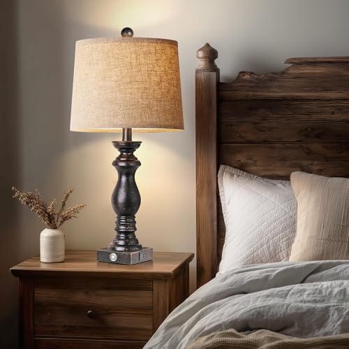 24.5" Table Lamp Set of 2, Rustic Farmhouse Bedside Lamps with USB A+C Charging Ports, 3-Way Dimmable Touch Control Nightstand Lamps for Living Room Bedroom, Antique Black, LED Bulbs Included - Image 6