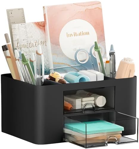 Marbrasse Pen Organizer with 2 Drawer, Multi-Functional Pencil Holder for Desk, Desk Organizers and Accessories with 5 Compartments + Drawer for Office Art Supplies (Black) by Marbrasse
