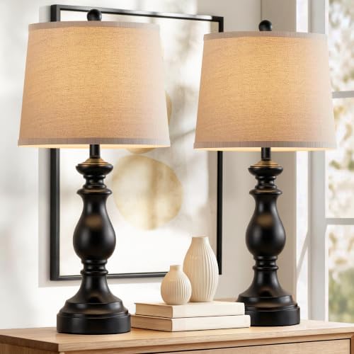 PARTPHONER Traditional Table Lamp Set of 2, Rustic Farmhouse Table Lamps for Living Room Bedroom, 27" Bedside Desk Lamps Vintage Nightstand Lamps with Linen Shades, Matte Black by PARTPHONER