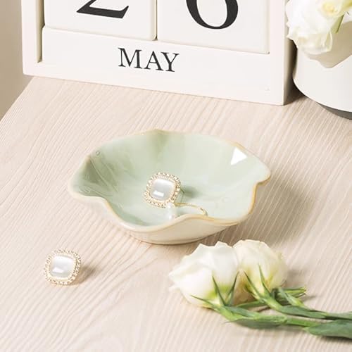 2Pcs Ceramic Jewelry Dish - Lotus Leaf Shape, for Ring Holder Necklace Small Key, Suitable for Mother Friend Sister, Gifts for Women, Cute Plate Trinket Tray, Home Decor (Green & White) - Image 2
