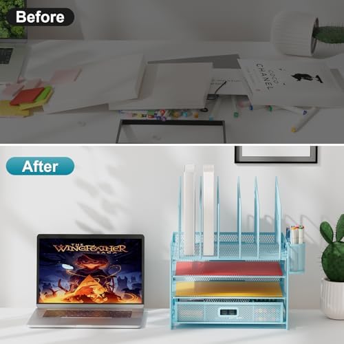 Marbrasse Desk Organizers, 4-Tier Mesh Desk File Organizer with 5 Vertical File Holders and 2 Pen Holders, Multifunction Desktop Organizer,Desk Organizers and Accessories for Home Office (Blue) - Image 6