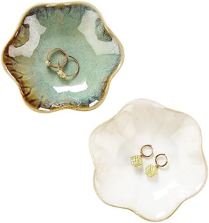 2PCS Lotus Leaf Shape Ring Holder Dish, Small Key Bowl, Ceramic Trinket Tray Jewelry Dish Organizing Necklace Earrings for Mom Friend Sister, All Jewelries Are NOT Included.White+Crystal Green. by JAMEND+CLXP