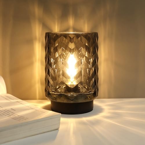 LUSHARBOR Battery Operated Lamp with Timer, Small Table Lamp for Office Desk Decor, Glass Cordless Lamp Bedside Cozy Light for Living Room Aesthetic, Entryway Wave Design-Grey - Image 5
