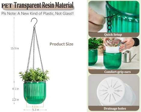 Melphoe 2 Pack Self Watering Hanging Planters Indoor Flower Pots, 5.3 Inch Outdoor Hanging Basket, Plant Hanger with 3Hooks Drainage Holes for Garden Home (Emerald) - Image 6