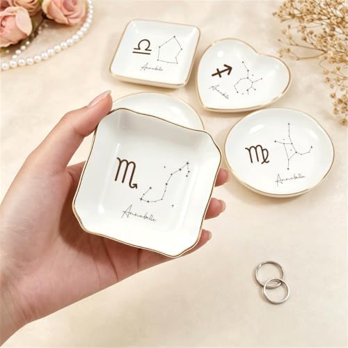 Personalized Zodiac Sign Ceramic Jewelry Dish Custom Name, Constellation Gold Rim Ring Trinket Tray, Custom Monogram Dish for Women Bridesmaid, Birthday Christmas Astrology Gift - Image 3