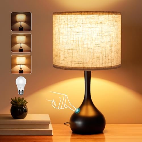 ONEWISH Touch Bedside Lamp for Bedroom, 3-Way Dimmable Table Lamps for Nightstand with Cylindrical Fabric Shade, Desk Lamp for Living Room, End Tables, Home Office by onewish