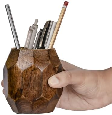 Mie Creations Geometric Wooden Pencil Holder for Desk Table | Wood Pen Cup Stand for Office, Cute Desktop Organizer for Makeup Brushes, Stationery Decor | Rustic Christmas Holiday Gifts- Brown 4'' - Image 7