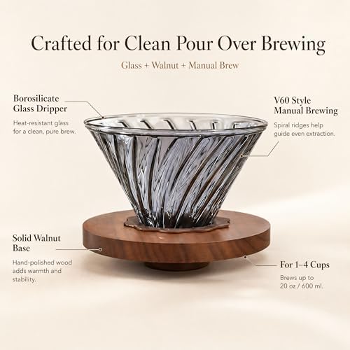 Glass Pour Over Coffee Dripper with Solid Walnut Base, V60 Style Manual Drip Coffee Maker, 1–4 Cup (20oz) Borosilicate Glass Brewer for Home and Office - Image 2