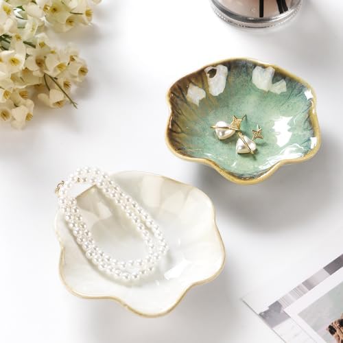 JAMEND CLXP Lotus Leaf Shape Ring Holder Dish, Small Key Bowl, Ceramic Trinket Tray Jewelry Dish Organizing Necklace Earrings for Mom Friend Sister. All Jewelries Are NOT Included. Crystal Green. - Image 4