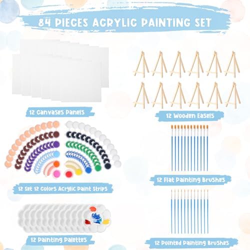 Qilery 12 Set Mini Canvas Painting Kit with Easel Paints, 6 x 6 Inch - Image 3