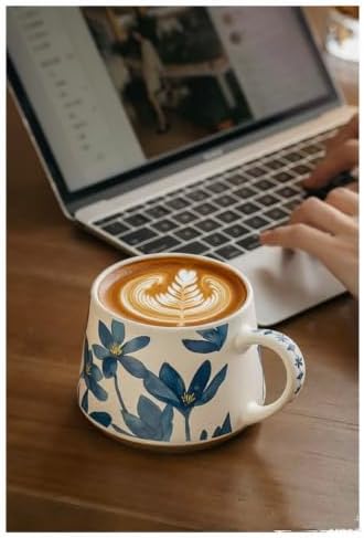 14OZ Ceramic Latte Mug, Cute Misty Blue Flower Coffee Mug For Women, Retro Floral Cup For Green Tea OR Coffee,Hand Painted Floral Design Pottery Cute Mug - Image 5