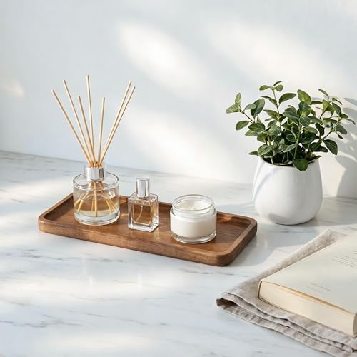 Small Acacia Wood Serving Tray, Wooden Decorative Tray for Coffee Table, Kitchen, Bathroom Counter - Rectangular Wood Platter for Candles, Perfume, Snacks (11.4 x 4.1 x 0.6 in) - Image 5