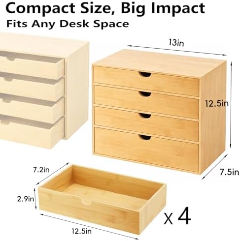 Neando Bamboo Desk Organizer with Drawers, 4-Tier Wooden Desk Organizer, Small Desktop Storage for Office Supplies, Makeup, Accessories, Space-Saving Organizer for Desk, Vanity & Home - Image 3