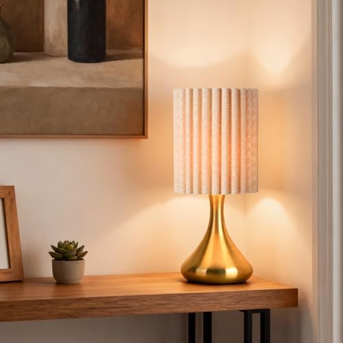 Ziqqeelam Gold Small Table Lamp with Scalloped Linen Shade, Mini Brass Gold Table Lamp for Bedroom Nightstand, Cute Desk Night Light for Living Room, Bookshelf, Kitchen Counter, Kids Room, Office - Image 4