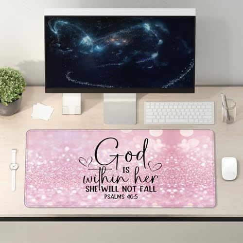 Pink Christian Mouse Pad 31.5x15.7inch, God is Within Her She Will Not Fall Bible Verse Mouse Pad for Wireless Mouse Computers Laptop Desk Accessories, Christian Gifts for Women - Image 5